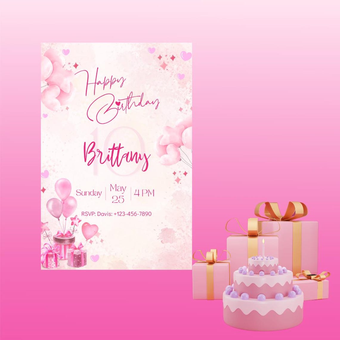 Pink, Birthday Invitation Download, Template, Birthday. Easy to Edit