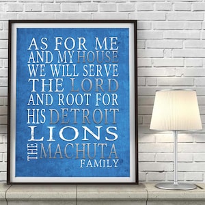 Detroit Lions Personalized Football Art Print, UNFRAMED, As for me and My House Sports Home and Wall Decor Gift Poster, All Sizes