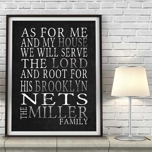 Brooklyn Nets Personalized Basketball Art Print, UNFRAMED, As for me and My House Sports Home and Wall Decor Gift Poster, All Sizes