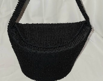 Sale vintage beaded purse 1940s 50s black handbag tiny plastic beads unique oval shape rockabilly