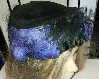 Vintage feather hat 1950s round black velvet purple feather hat shredded veil mid century cocktail hat rockabilly in.