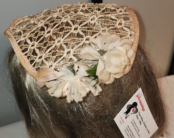 Vintage Half  Hat Small 1950s Beige Peach Open Lace Half Hat Clamp Hat Flowers Mid Century