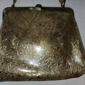 Sale vintage 1950s purse small clear vinyl gold tinsel chunky glitter top handle purse rockabilly image 5