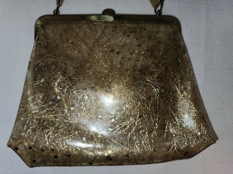 Sale vintage 1950s purse small clear vinyl gold tinsel chunky glitter top handle purse rockabilly image 5