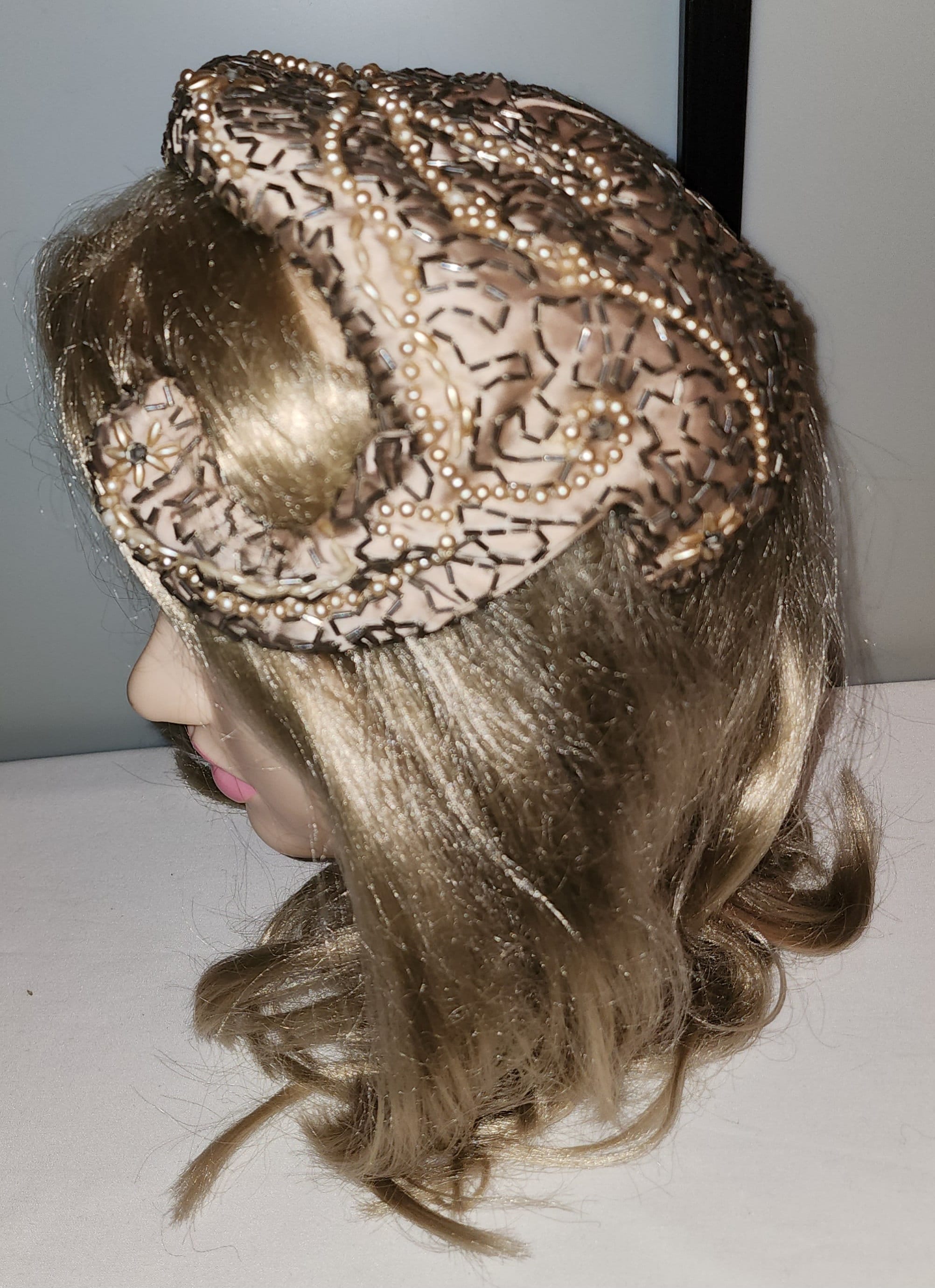 INTRICATELY BEADED 1950s\' ASYMMETRICAL COCKTAIL HAT Vintage Beaded Hat 1950s Asymmetric Beige Satin Cocktail Hat  main image 3