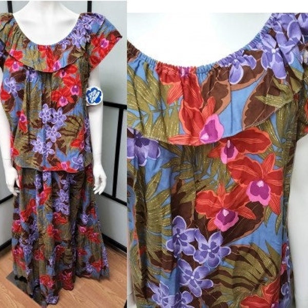 Unworn vintage hawaiian top and skirt 1980s hilo hattie elastic neck top and long swingy skirt tropical floral print nwt hippie boho m