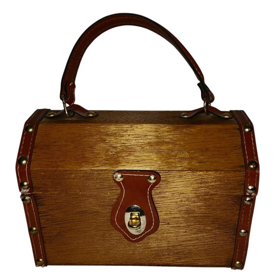 Vintage Box Purse 1960s Brown Wood Box Purse Gold Metal Studs Simon Hong Kong