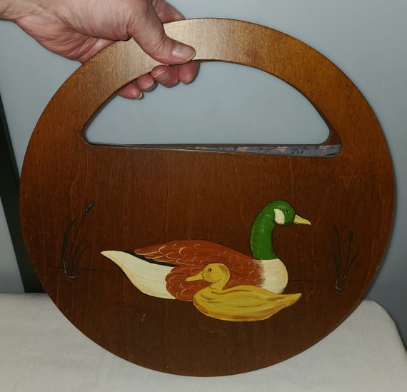 Unique vintage purse 1970s 80s round wood leather… - image 1