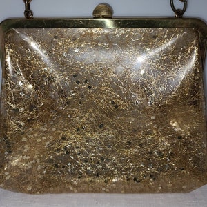 Sale vintage 1950s purse small clear vinyl gold tinsel chunky glitter top handle purse rockabilly image 2