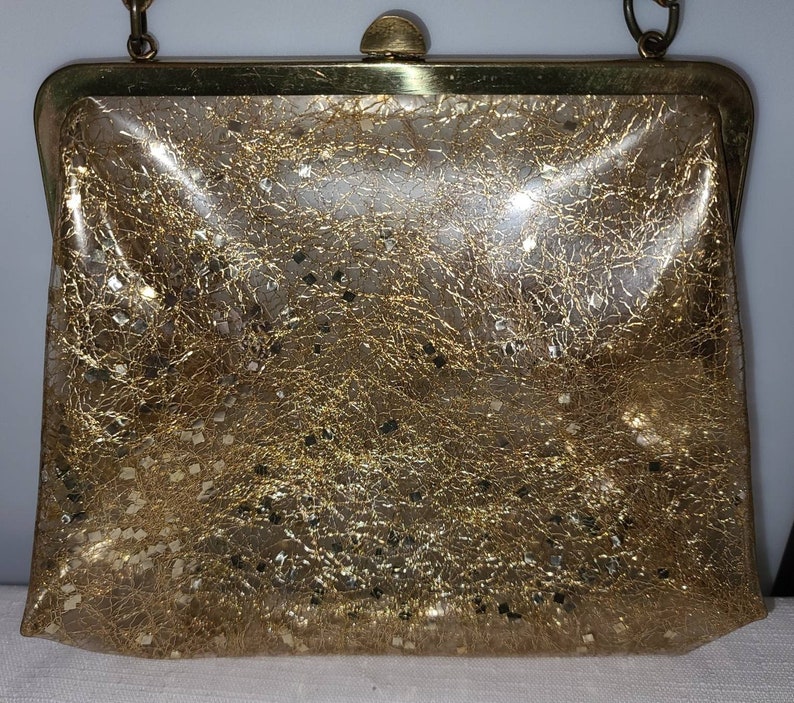 Sale vintage 1950s purse small clear vinyl gold tinsel chunky glitter top handle purse rockabilly image 2