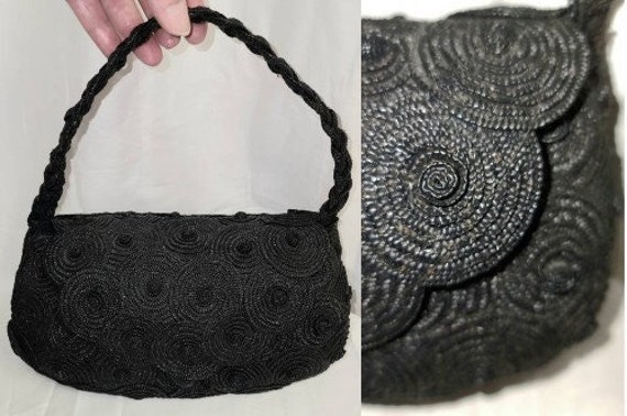Sale vintage 1950s purse black straw rosette hand… - image 1