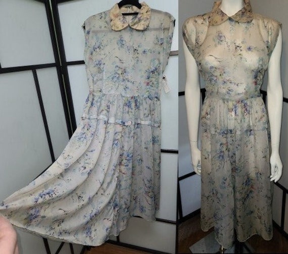 Vintage 1950s dress sheer light blue nylon waterc… - image 1