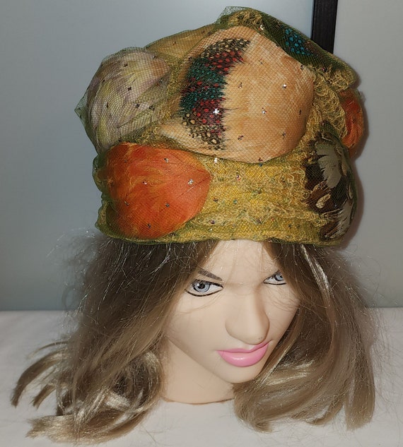 Vintage Bubble Hat 1960s Tall Yellow Green Orange… - image 2