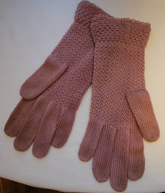 Vintage knit gloves 1930s 40s mauve pink patterne… - image 6