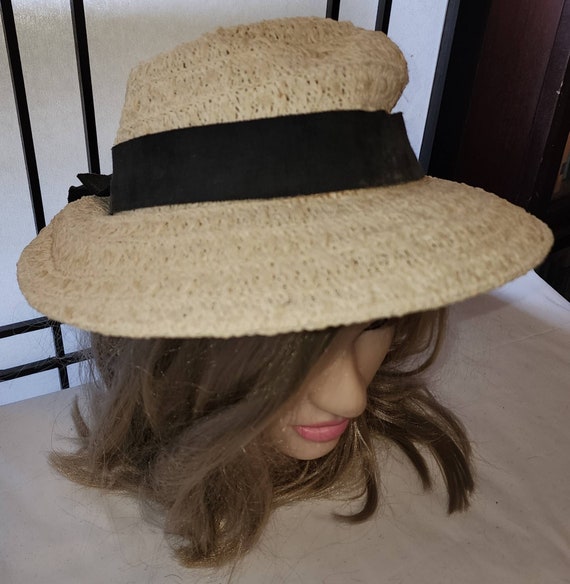 Vintage straw hat 1930s 40s round cream straw bri… - image 5