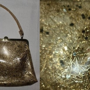 Sale vintage 1950s purse small clear vinyl gold tinsel chunky glitter top handle purse rockabilly image 1
