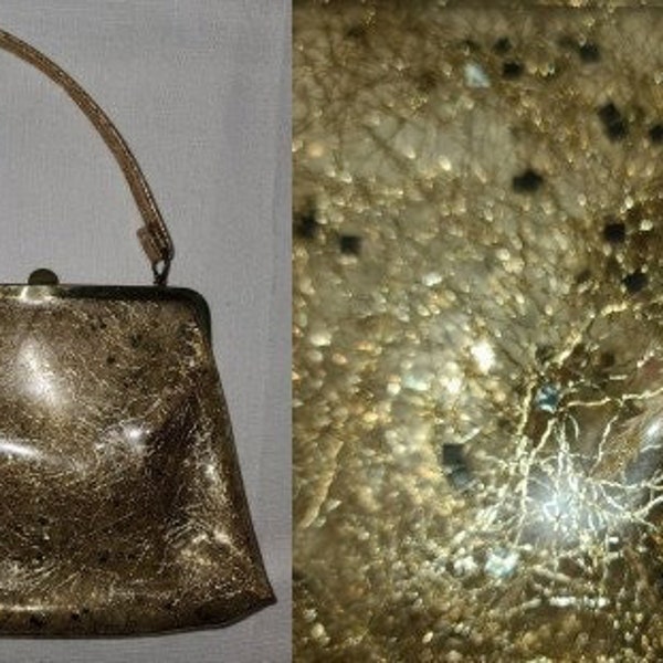 Sale vintage 1950s purse small clear vinyl gold tinsel chunky glitter top handle purse rockabilly