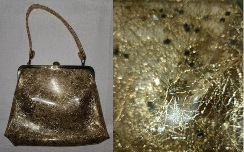 Sale vintage 1950s purse small clear vinyl gold tinsel chunky glitter top handle purse rockabilly image 1