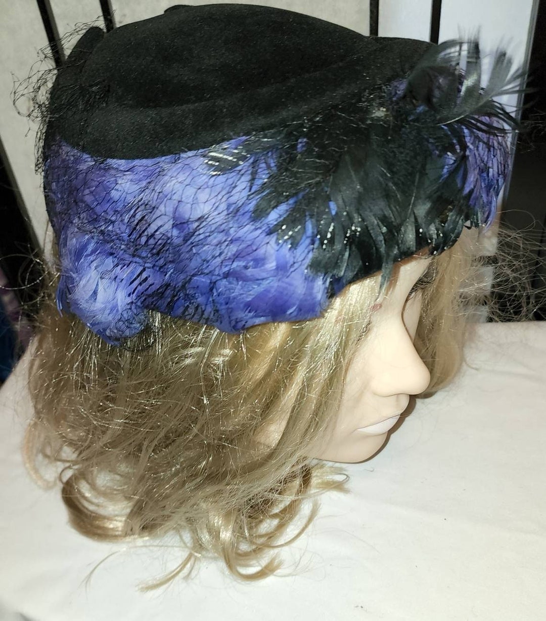 Vintage Feather Hat 1950s Round Black Velvet Purple Feather Etsy