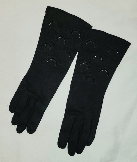 Vintage Beaded Gloves 1940s 50s Black Fabric Midl… - image 1