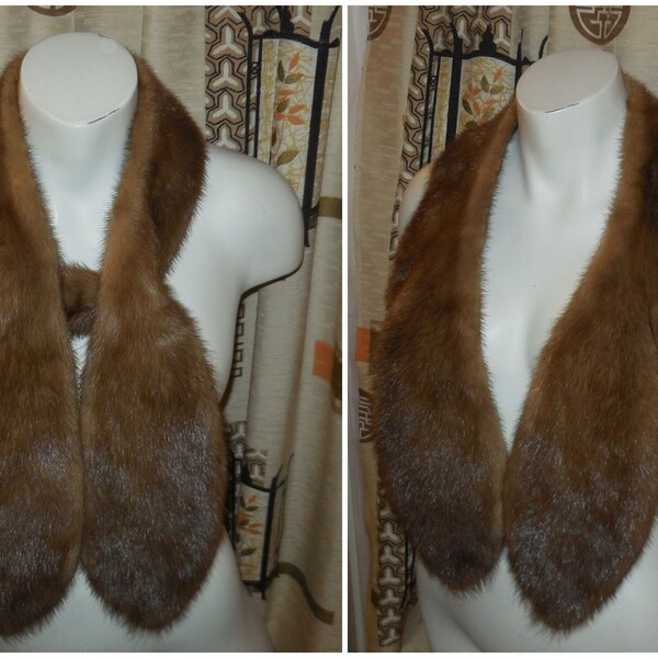 Vintage fur scarf 1950s 60s light brown mink fur stole tear drop shape elegant mink fur collar boho 45 inches long