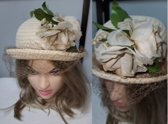 Vintage straw hat 1930s 40s round cream straw hat… - image 1