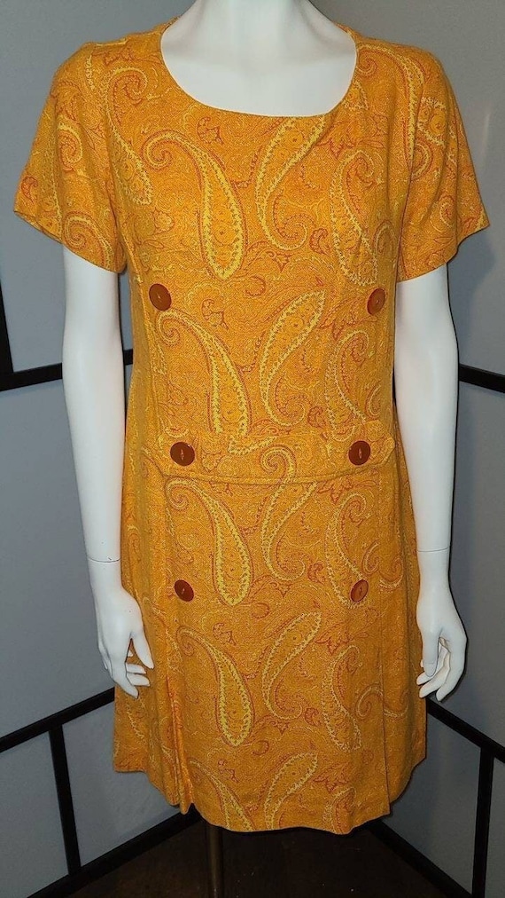 Vintage 1960s dress orange yellow heavy cotton lin