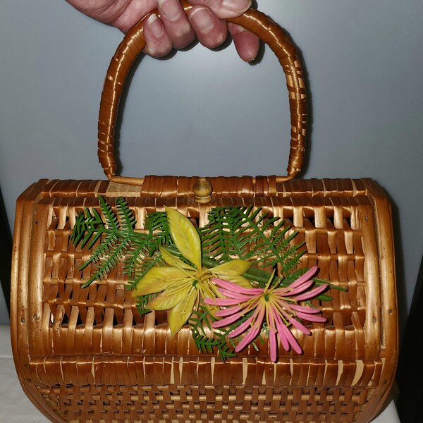 Vintage basket purse 1950s wood straw rattan wicker basket box purse plastic flowers mid century rockabilly some damage