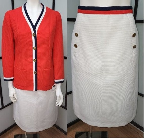 Vintage skirt suit 1960s bright orangey red blue … - image 1