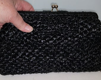 Vintage clutch purse 1960s black raffia clutch purse 3d bow ornament optional chain handle rockabilly mod