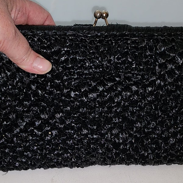 Vintage clutch purse 1960s black raffia clutch purse 3d bow ornament optional chain handle rockabilly mod