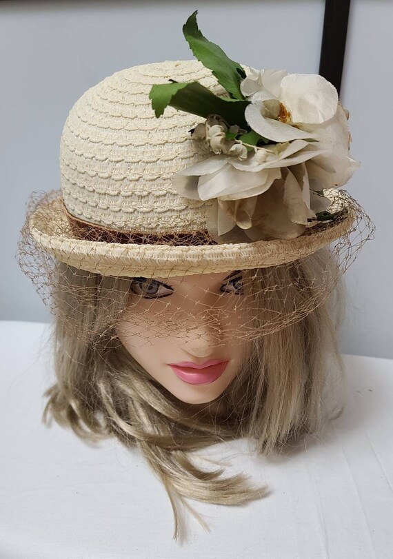 Vintage straw hat 1930s 40s round cream straw hat… - image 6
