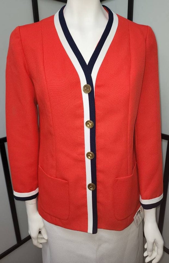 Vintage skirt suit 1960s bright orangey red blue … - image 2