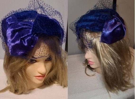 Vintage cocktail hat 1950s blue velvet purple sat… - image 1