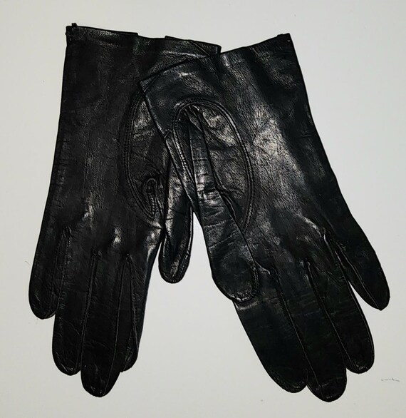 Vintage Black Leather Gloves Embroidered Geometric Pattern Mid Century Unlined Small