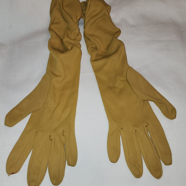 Vintage Mustard Gloves 1950s 60s Dark Gold Yellow Rusched Fabric Mid Length Gloves Mid Century Burlesque Rockabilly L 7.5