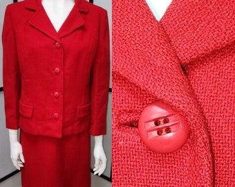 Vintage women's suit 1960s red wool skirt suit unique buttons pencil skirt mid century rockabilly m skirt needs hem