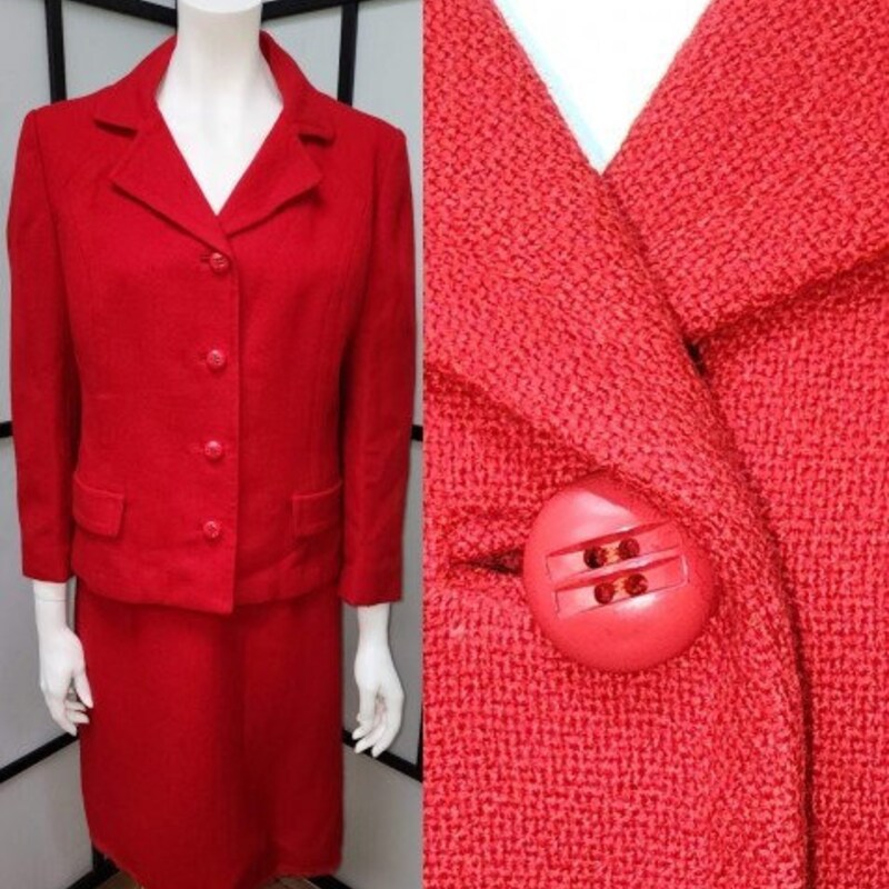 1960s Red Boucle Wool Skirt Suit
