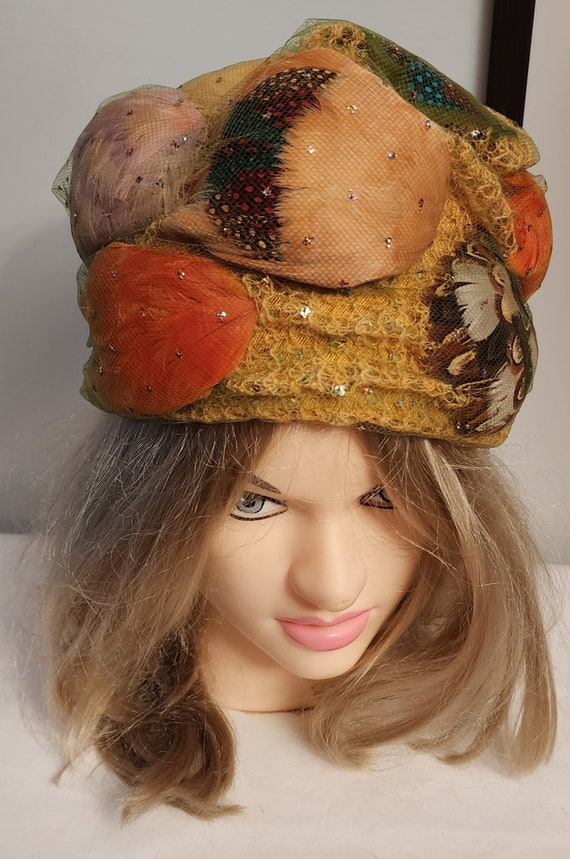 Vintage Bubble Hat 1960s Tall Yellow Green Orange… - image 7