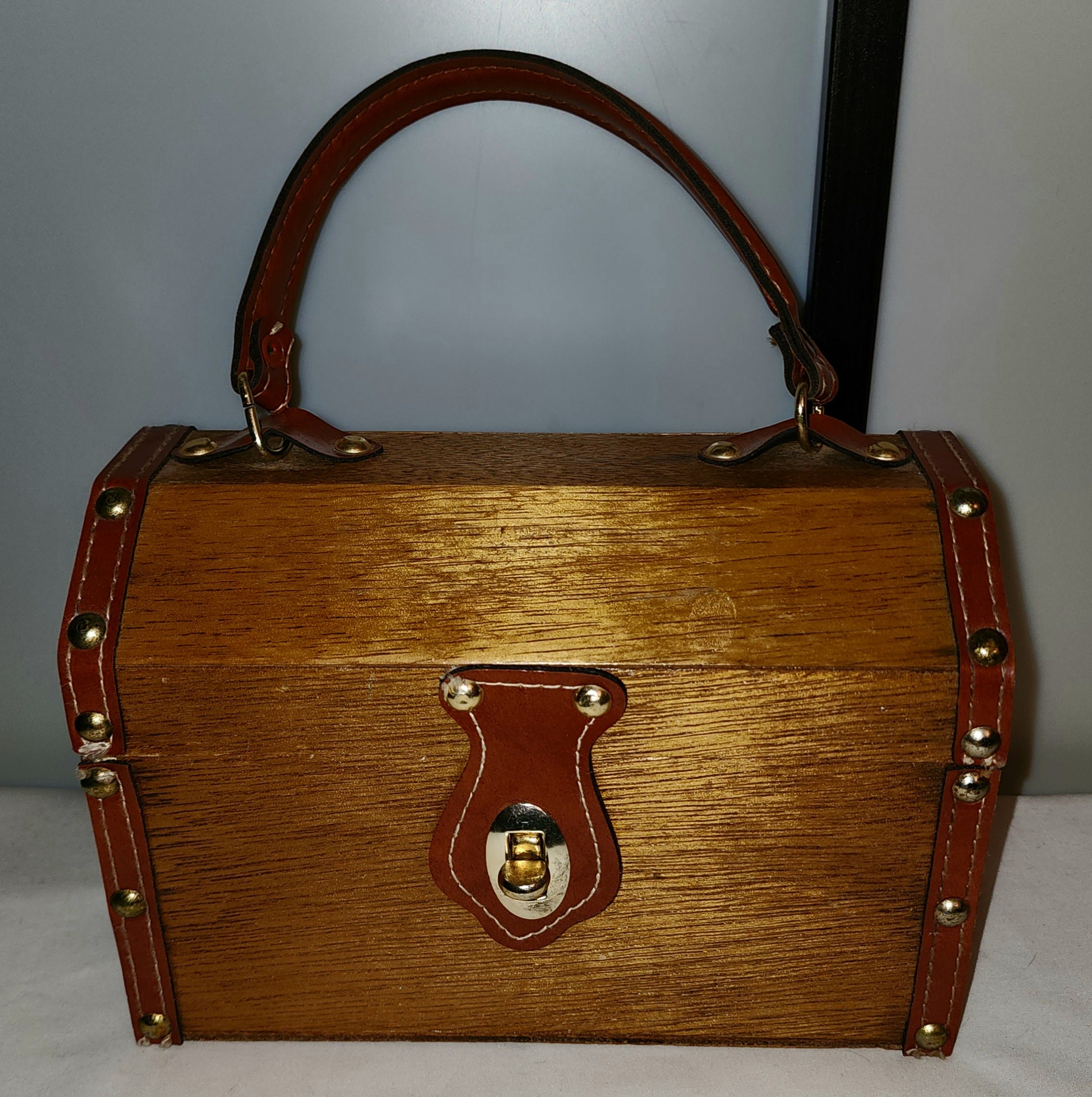 Vintage Box Purse 1960s Brown Wood Box Purse Gold Metal Studs Simon Hong Kong Etsy