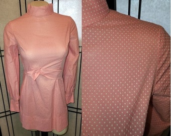 Vintage 1960s minidress pink white swiss dot short babydoll minidress long tunic top mod go go lolita s