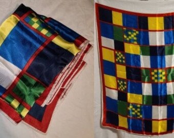 Sale vintage scarf 1960s large colorful rayon geometric grid pattern scarf mod boho 31 x 31.5 in.