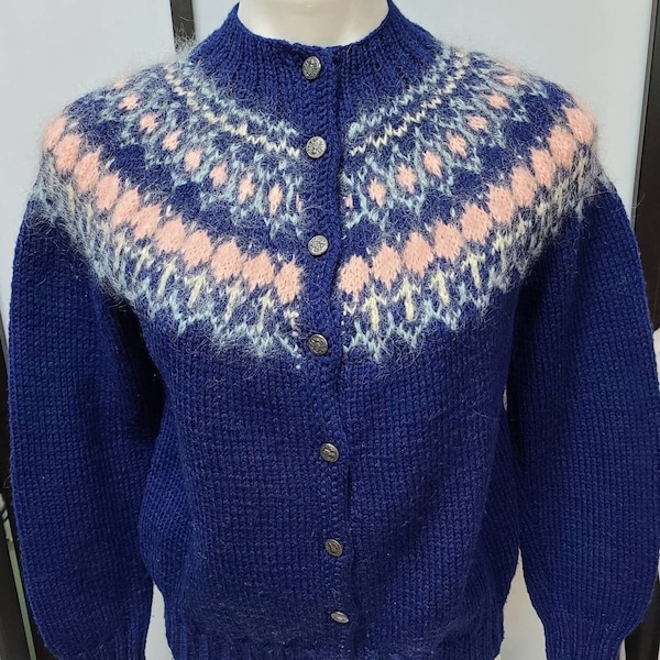 Sale vintage cardigan sweater 1960s 70s blue sweater pink angora diamond neckline trim poss hand knit metal buttons boho m