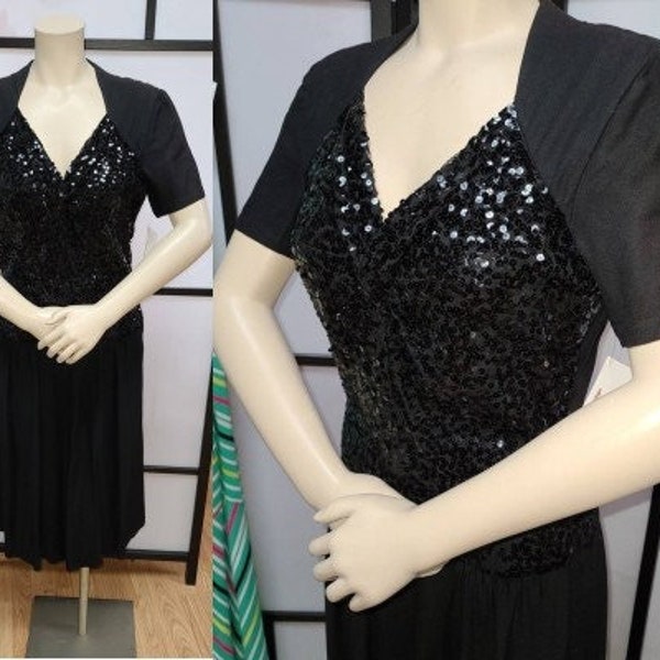 Sale vintage 1940s dress black rayon crepe sequin dress film noir rockabilly swing jive s chest 37 in.