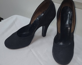 Vintage 1940s shoes black fabric high heels round toes film noir rockabilly wwii sz 4.5