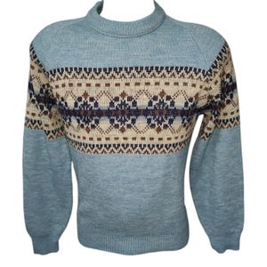 Sale vintage men&#39;s sweater 1970s blue acrylic pullover sweater abstract snowflake design jc penney xs s chest 40 in.