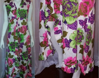 Vintage 1960s dress long floral green pink white cotton blend hawaiian dress boho l