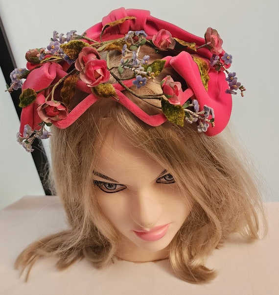 RESERVED Vintage 1950s Pink Velvet Bow Hat