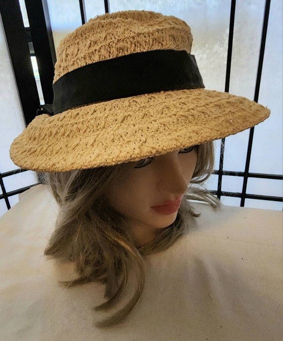 Vintage straw hat 1930s 40s round cream straw bri… - image 7