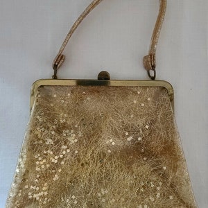 Sale vintage 1950s purse small clear vinyl gold tinsel chunky glitter top handle purse rockabilly image 6